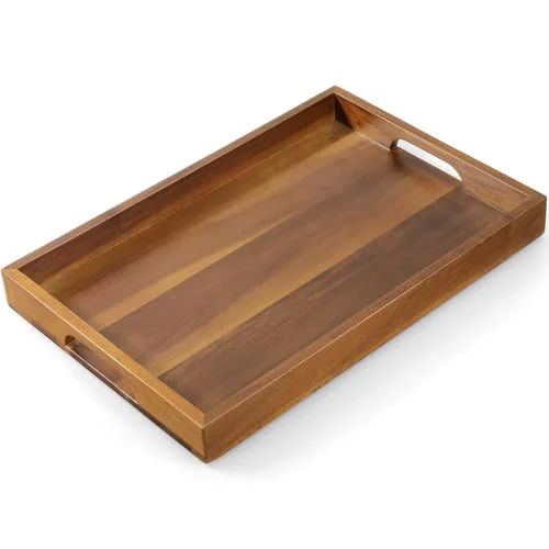 Effective 15 Inch Acacia Wood Serving Tray with Handles Superior