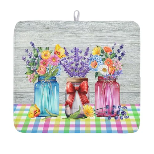 Professional Spring Summer Flowers Dish Drying Mat for Kitchen Counter 16 x18 Spring Floral Jars Drying Mat Soft Absorbent Microfiber Farmhouse Colorful Floral Dish Drainer Rack Mats for Counter tops High-Quality