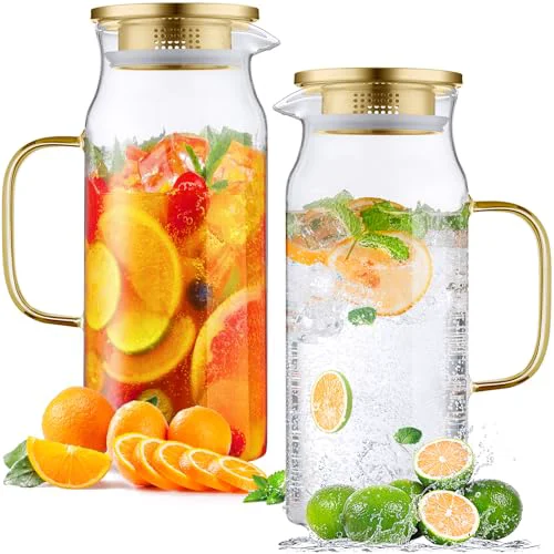 Classic 2 Pack 2 Liter 68 oz 2.1 Qt Gold Glass Pitcher with Lid and Handle 2 Count Fashionable