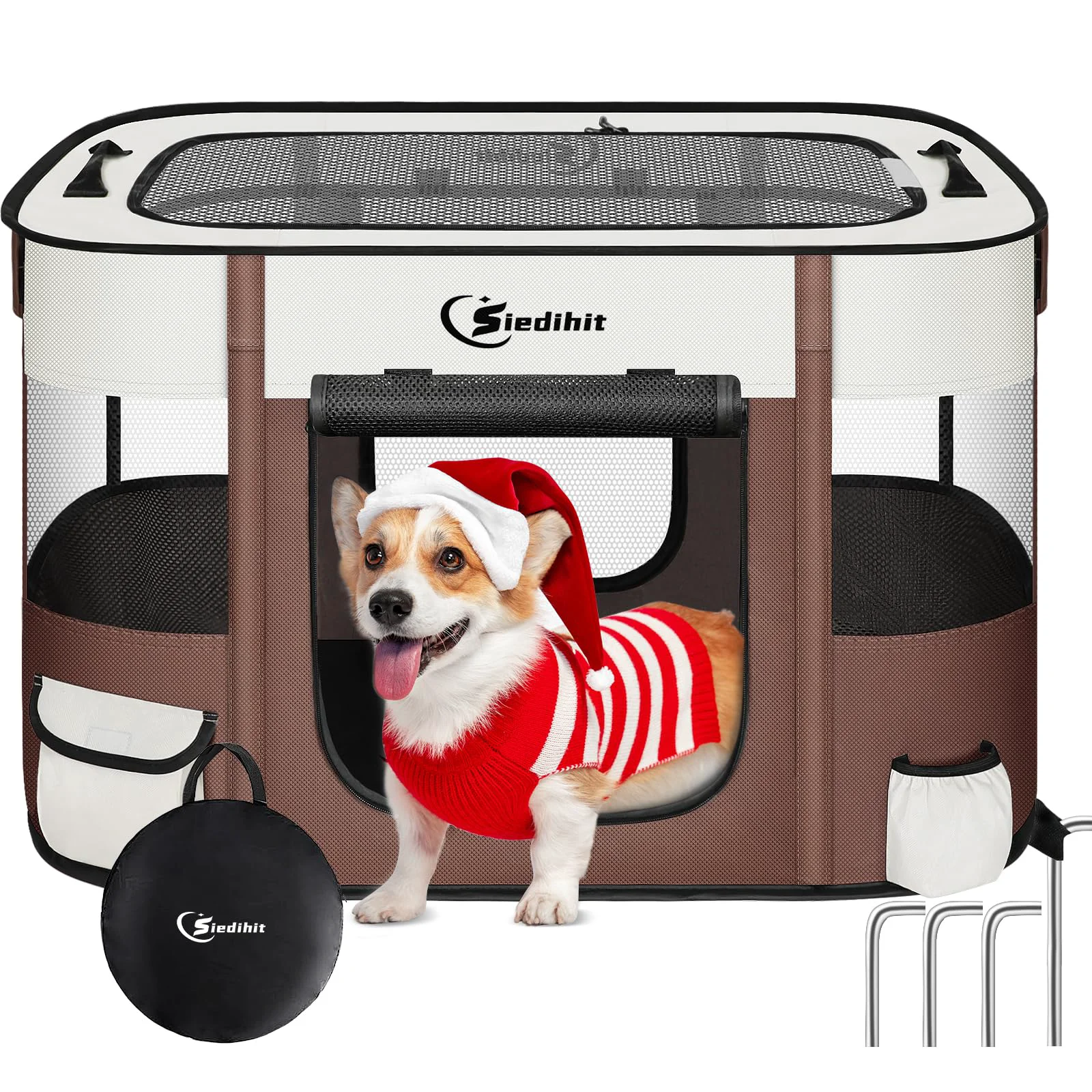 Modern Siedihit Dog Cat Playpen – Foldable Indoor Outdoor Pet Kennel Tent Brown Large Long-Lasting