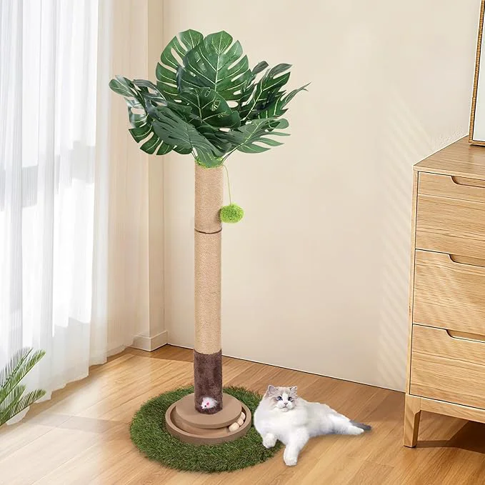 Minimalist Cat Scratching Post 35 Inch Tall Cat Scratcher Cat Tree Tower with Hanging Ball for Indoor Cats Adults Sisal Rope Kitten Scratch with Interactive Mouse Cat Toy 41in Monstera About ThisOverview Secure