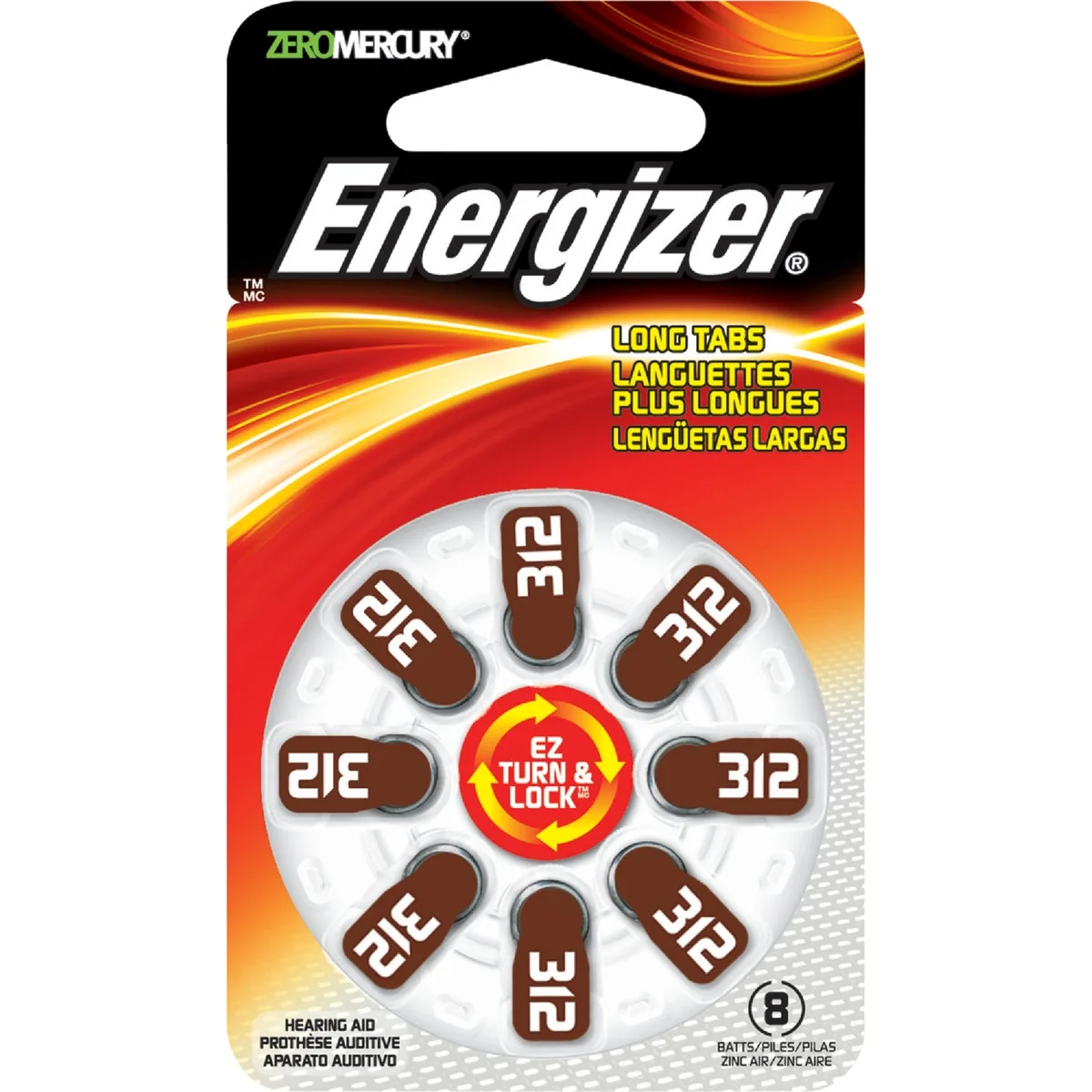 Durable Energizer EZ Turn Lock 312 Hearing Aid Battery 8-Pack Next-Generation
