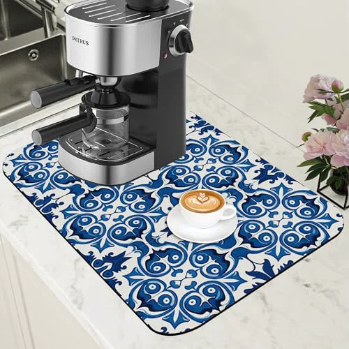 Functional Dish Drying Mat Blue Portuguese Tiles Coffee Bar Mat for Countertop Absorbent Rubber Backed Hide Stain Dish Drainer Rack Pad Espresso Machine Cafe Table Dining Room Decoration 11.8 x 19.7 Inch Organic