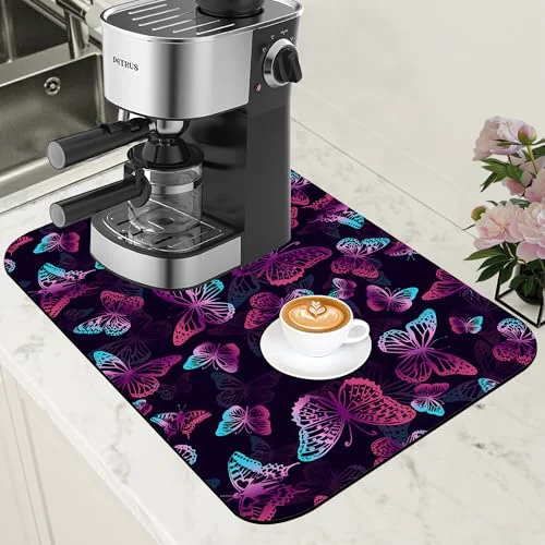Convenient Dish Drying Mat Purple Butterflies Coffee Bar Mat for Countertop Absorbent Rubber Backed Hide Stain Dish Drainer Rack Pad Coffee Pot Espresso Machine Dining Room Decoration 11.8 x 19.7 Inch Versatile