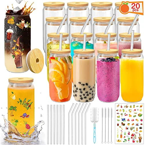 Sophisticated 16 OZ Glass Cups with Lids and Straws 20 Pack 20 Count Optimized