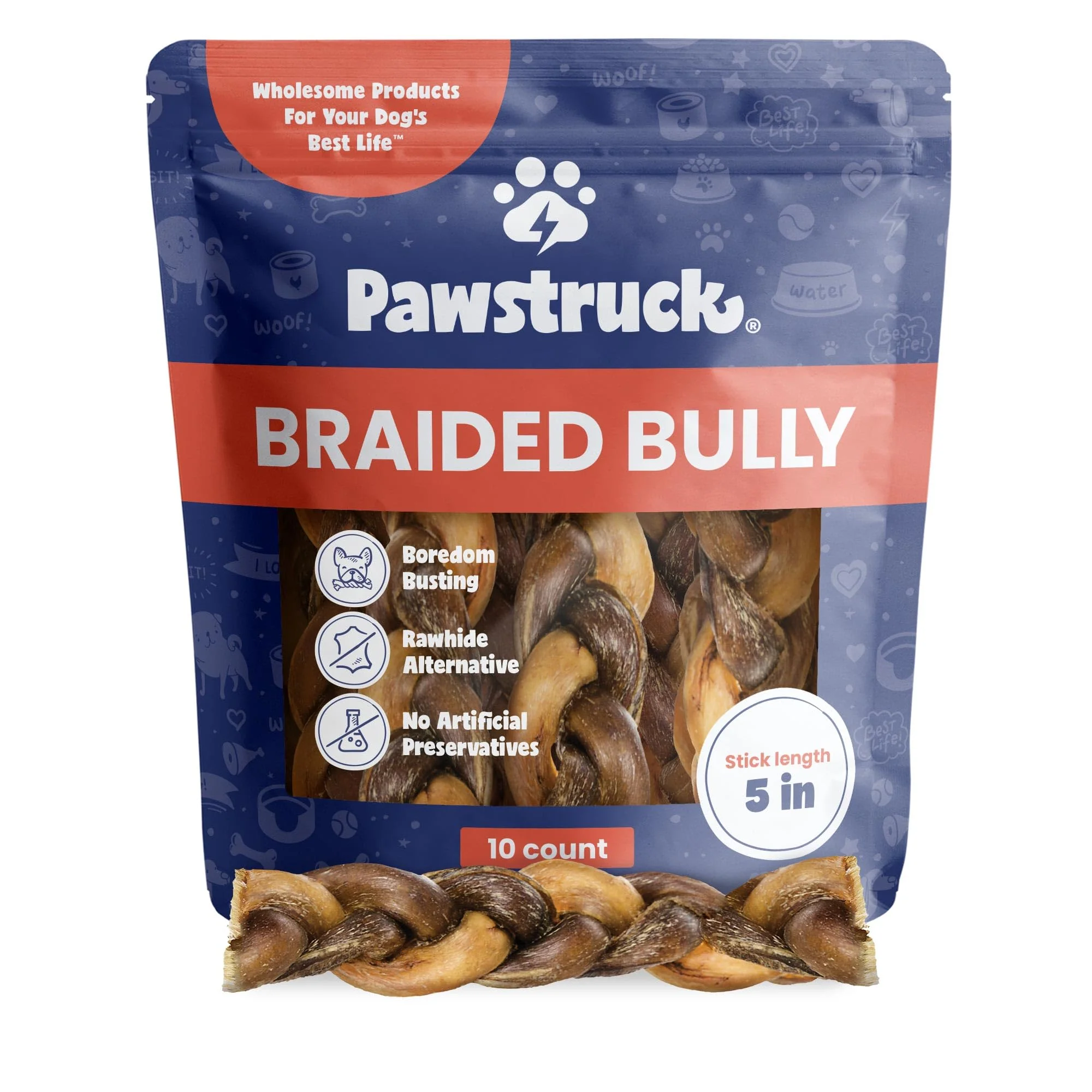 Authentic Pawstruck Natural 5 Braided Bully Sticks for Dogs – Tough Long-Lasting Rawhide- Low Odor 10 Count Professional