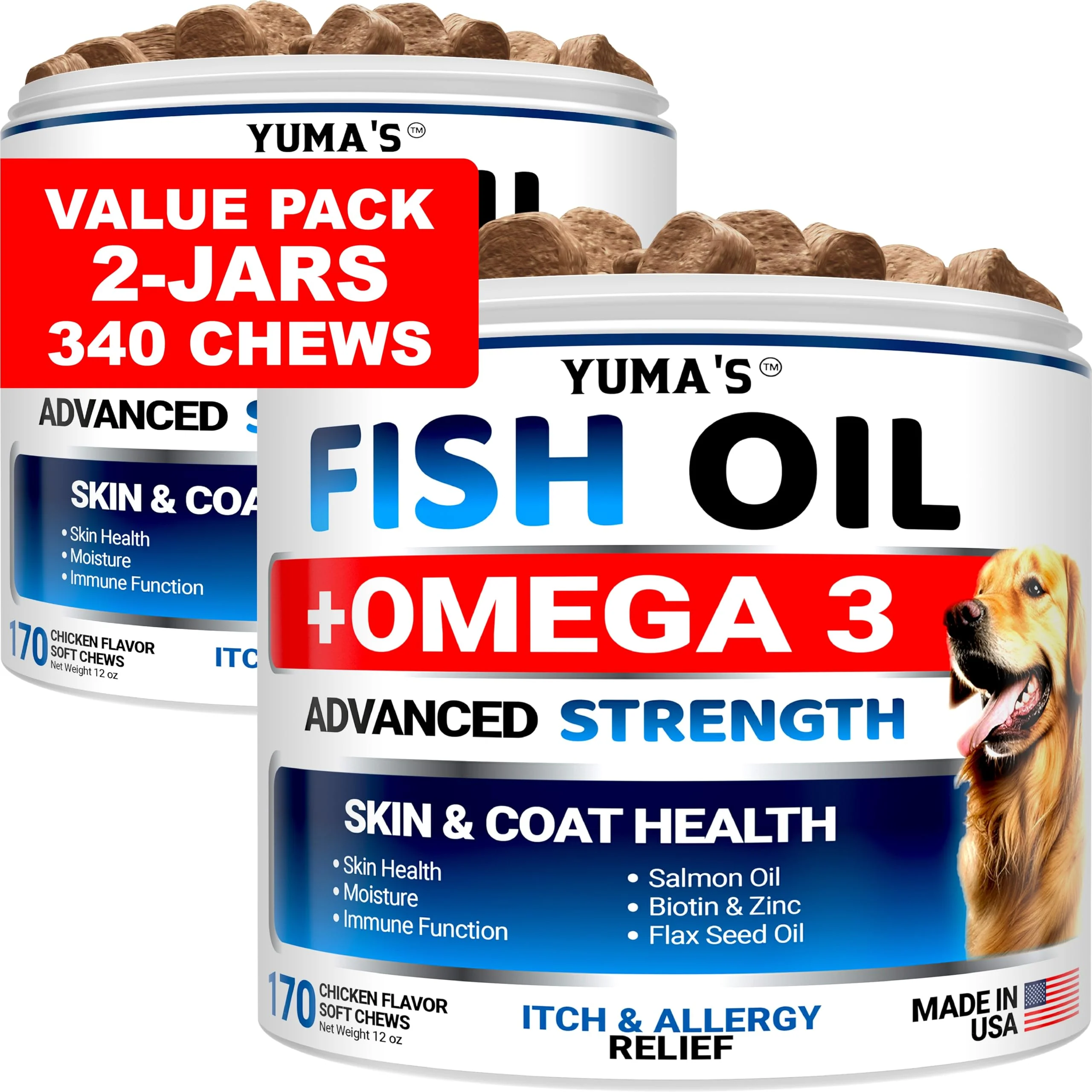 Next-Generation YUMA’S Omega 3 Fish Oil for Dogs – 2 Pack 170 Chews Skin Coat Support Salmon Chicken Flavor Practical