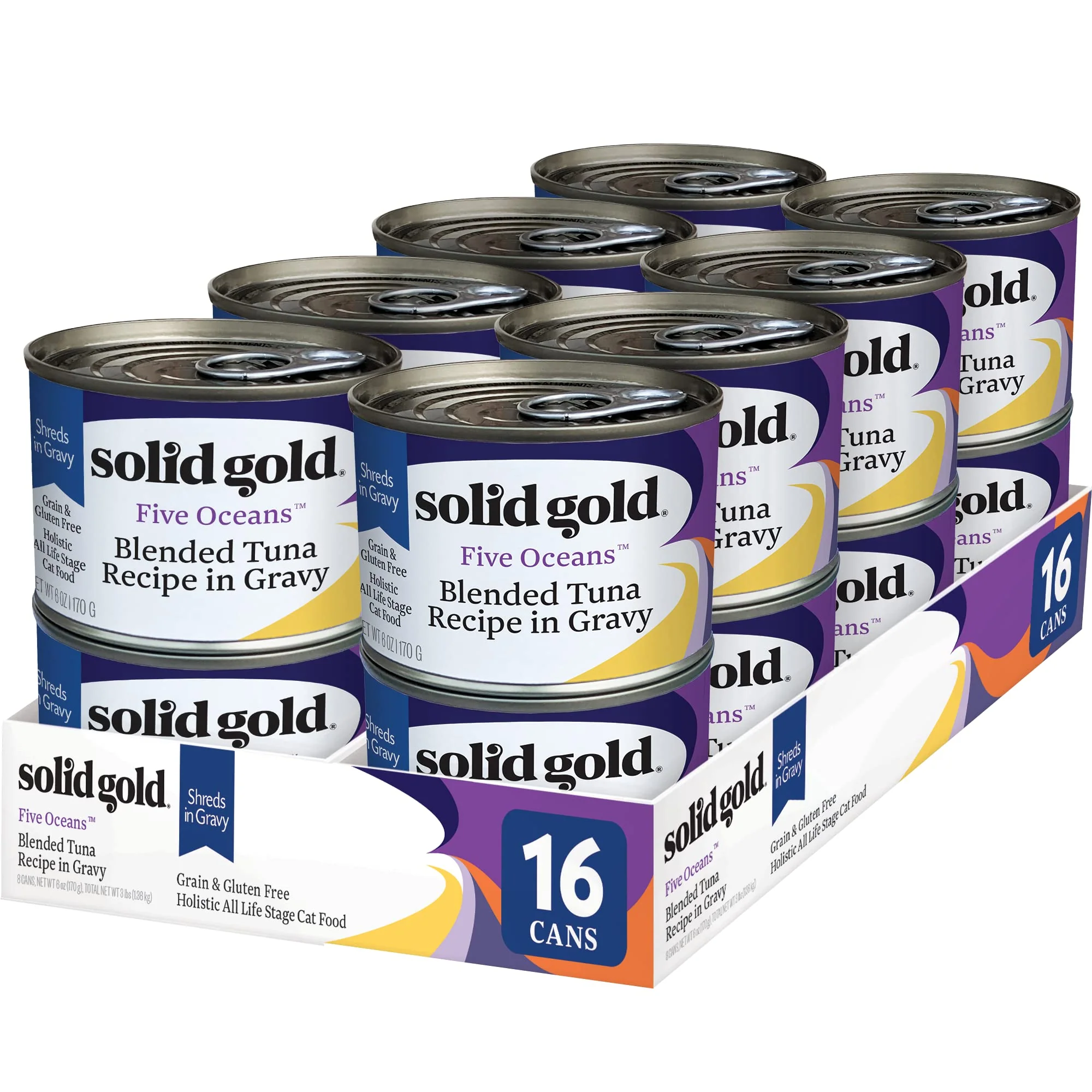Long-Lasting Solid Gold Five Oceans Grain- Wet Cat Food Shreds in Gravy with Tuna – 3oz Cans 16ct Artisan