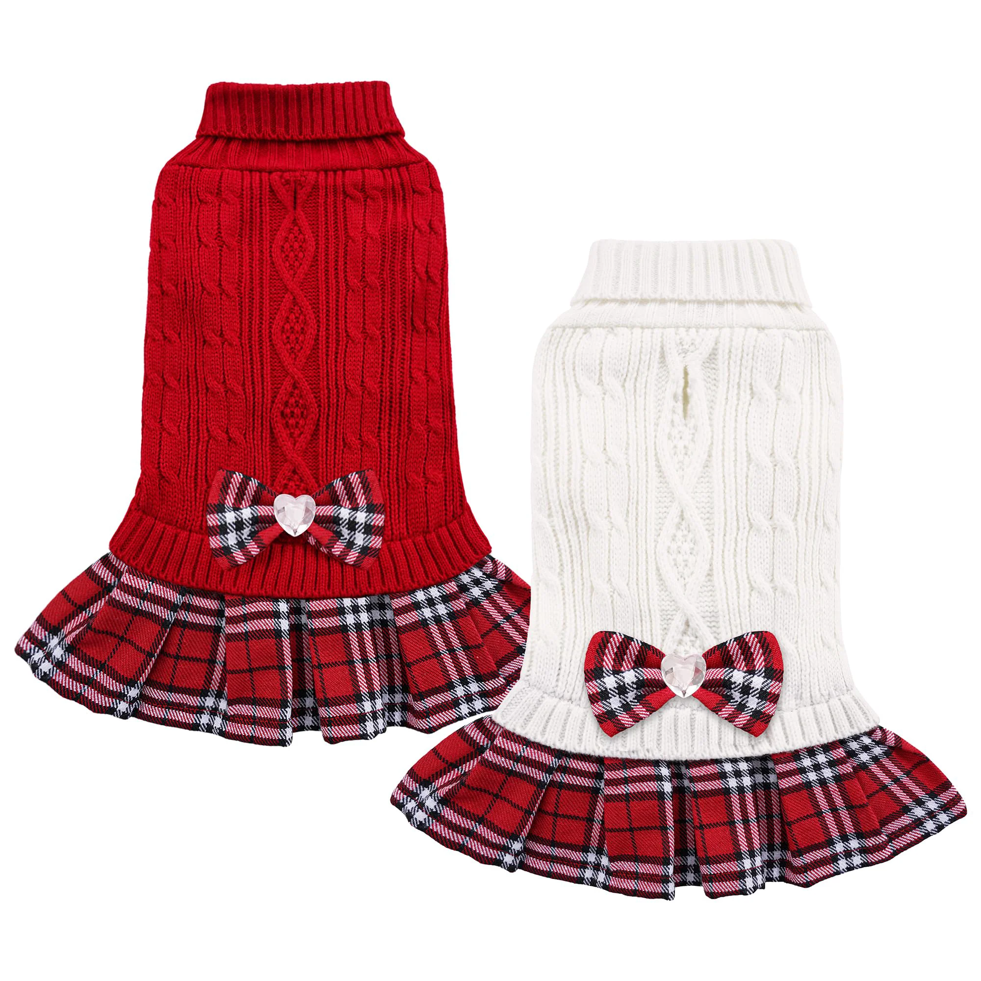 Proven YUDODO 2 Pack Small Dog Sweater Dress with Bowtie Turtleneck – Cozy Knit Winter Wear for Chihuahuas Yorkies Size M Red White Solid