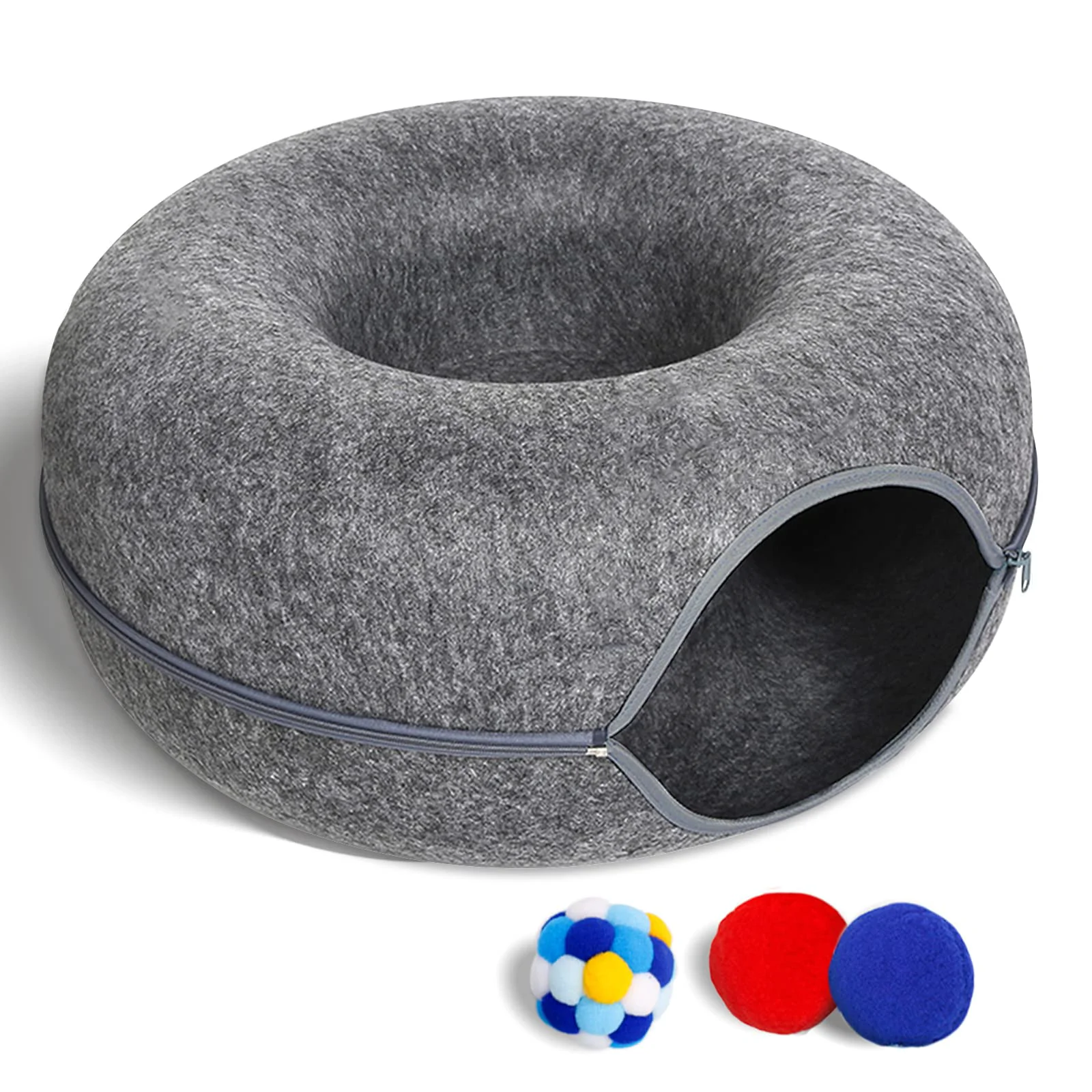 Pure PLIISLUP Cat Tunnel Bed for Indoor Cats — 3 Toys Scratch-Resistant Donut Bed Medium 20x20x9 Dark Grey Natural