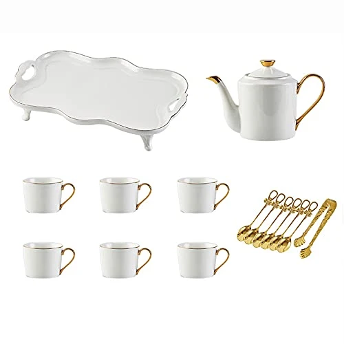 Excellent Utility White Porcelain Coffee Tea Set Tea Gift Sets with Tray Teaspons Tea Cup Teapot 1200Ml 6 Cups 240Ml Modern Tea Service for Tea Elite