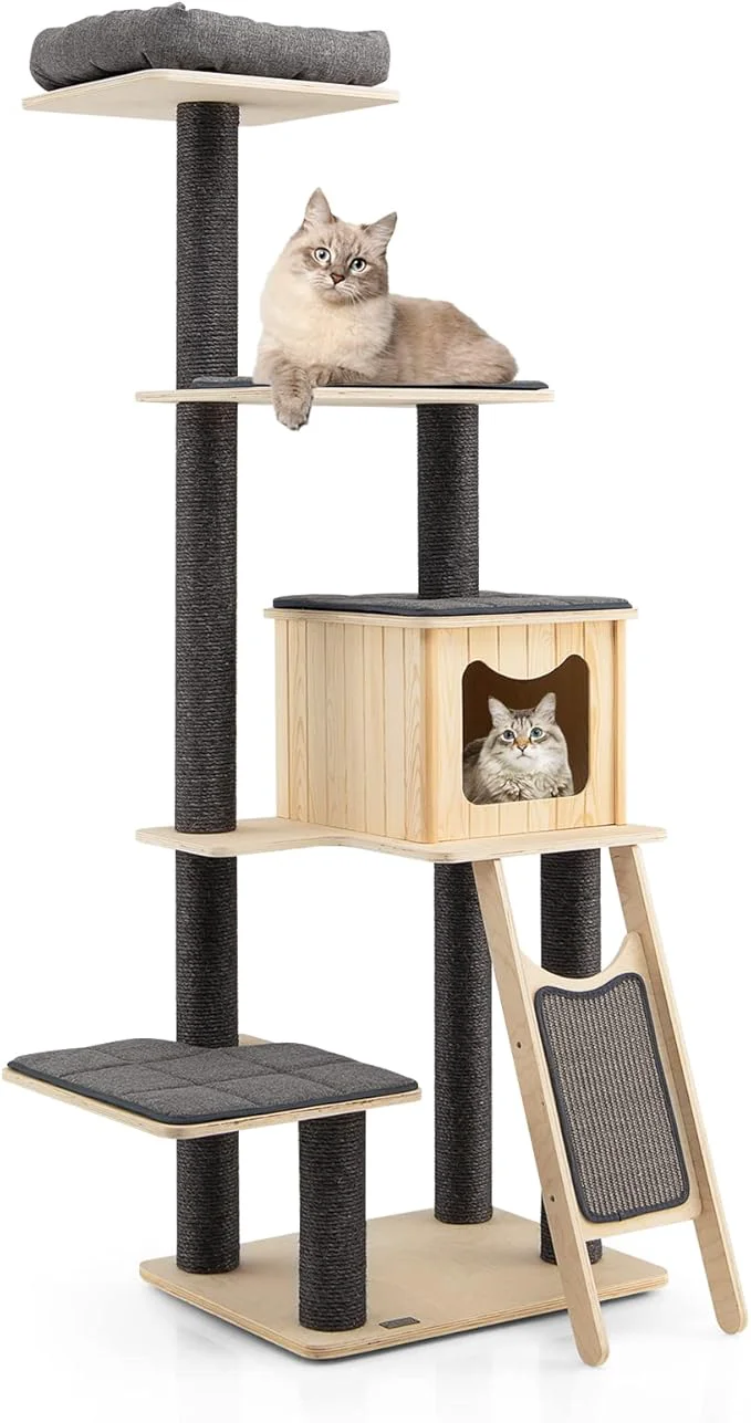 Luxury PETSITE 69-inch Tall Wooden Cat Tree Tower Modern Cat Activity Center Tree Minimalist