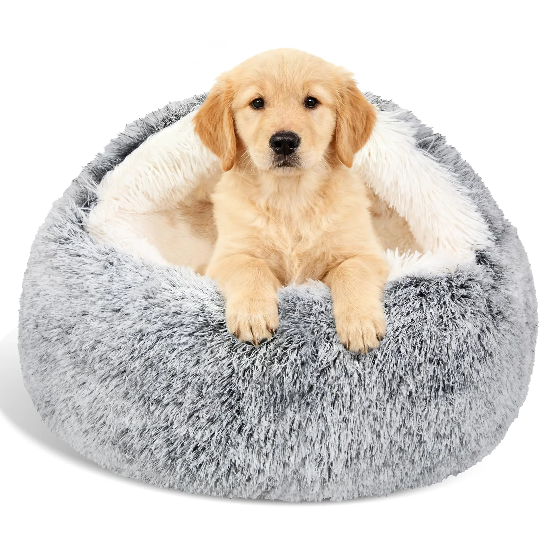 Breathable MADDEMCUTE Calming Round Dog Bed Cat Cave Bed with Hooded Cover – Washable Anti-Slip Grey M Soft