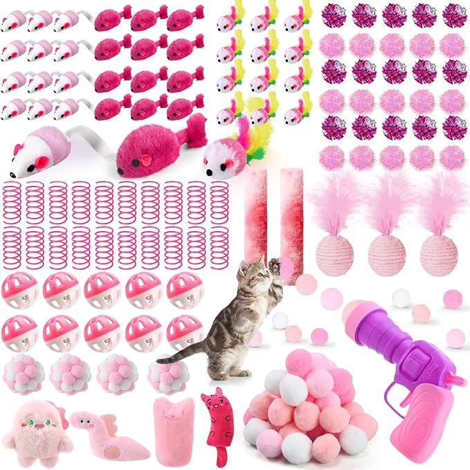 Enhanced 170 Pcs Cat Toy Pack for Indoor Cats Interactive Kitten Toys Including Cat Spring Plush Ball Launcher Catnip Mice Bell Balls Elastic Wool Balls for Indoor Cats Variety PackAbout This Dependable