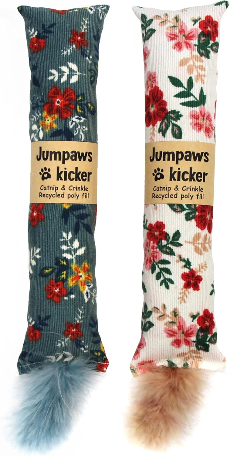 Green 2 Pack Natural Interactive Catnip Silvervine Cat Kicker with Feathers Bite Resistant Chew Toy Crinkle Kicker Accessories for Indoor Cat Premium Corduroy Floral Healthy