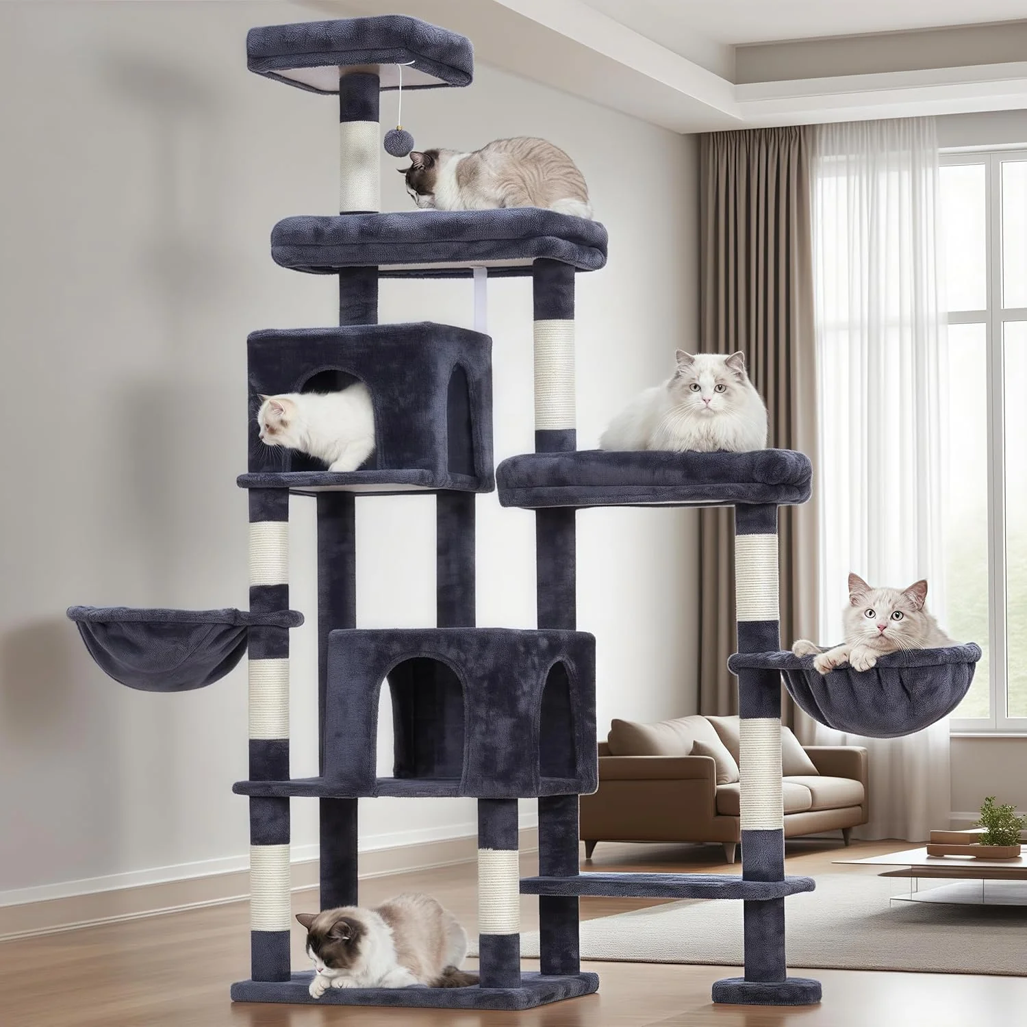 Convenient Hey-brother Cat Tree Tower Scratching Posts with a Extended Part Wide Platforms Cozy Condos Hammocks Sisal Columns and Ball for Indoor Cats 70.1 Inches Smoky Gray MPJ038G Organic