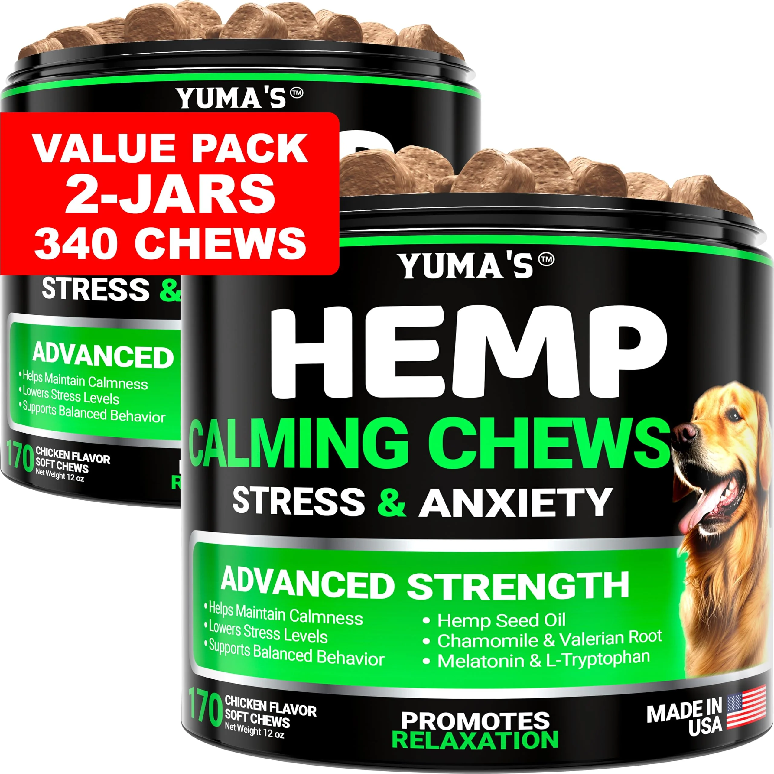 Unique YUMA’S Hemp Calming Chews for Dogs 2 Pack Vet-Formulated USA-Made Anxiety Relief Treats Durable
