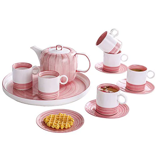 Effective Utility Tea Set for Adults Tea Cup and Saucer Sets of 6 Afternoon Tea Set Pink Teapot Coffee Cup Set with Tea Tray Gift for Mother’s Day Teapots High-Grade