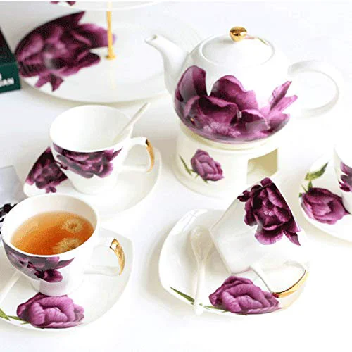 High-End Bone China Tea Set Serving European Floral Tea Set Coffee Set with Heating Tea Stove and Coffee Spoon Teapot Tea Cup Saucer Gift Giving and Family Wedding Professional