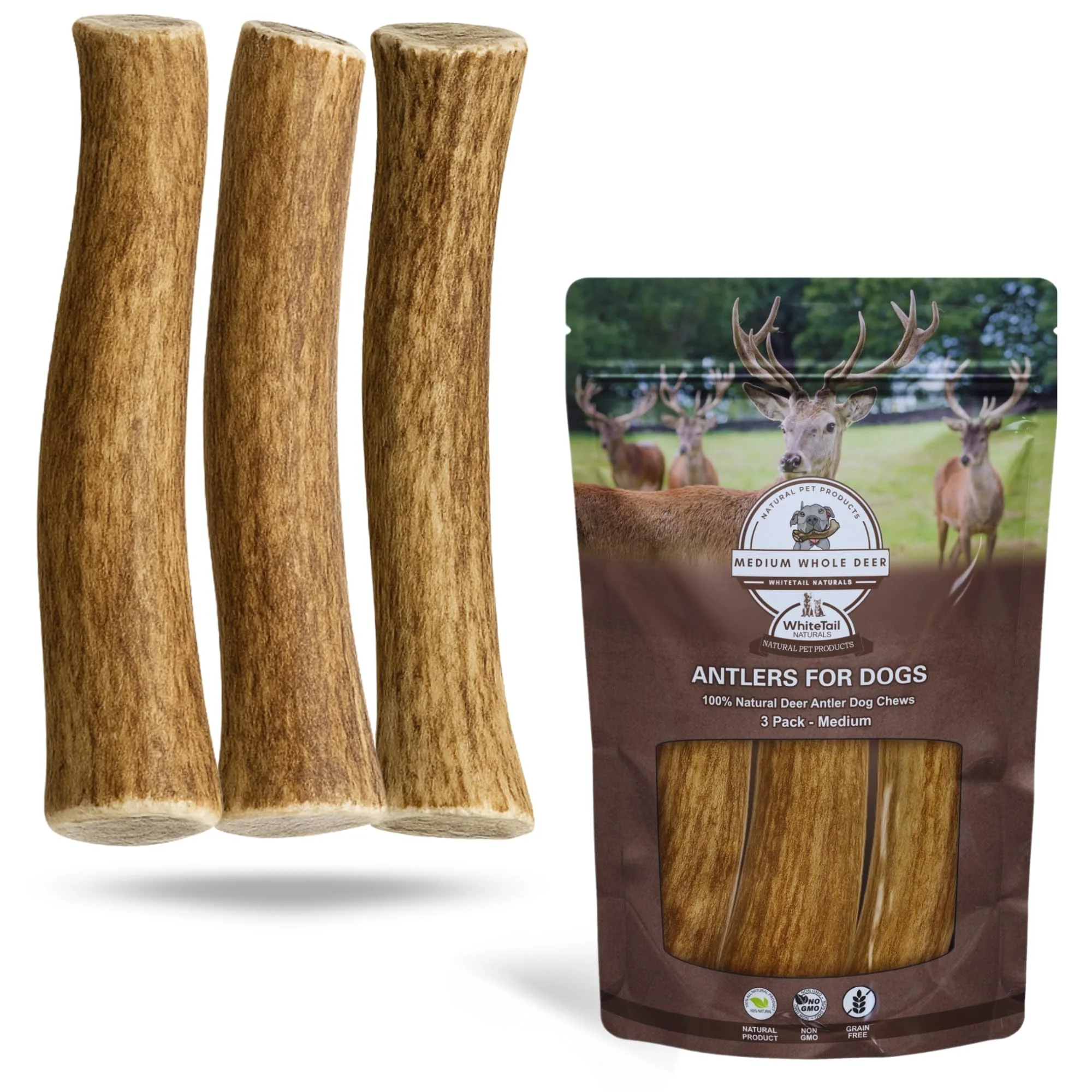 Solid WhiteTail Naturals 3 Pack Medium Deer Antler Dog Chews – Long-Lasting Antlers for Medium Dogs Expertly Made