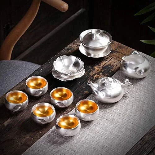 Environmentally Friendly 999 Sterling Silver Tea Set Kung Fu Tea Cup Set with Silver Set Tea Home Ceramic Teapot Lid Bowl for Gift Optimized