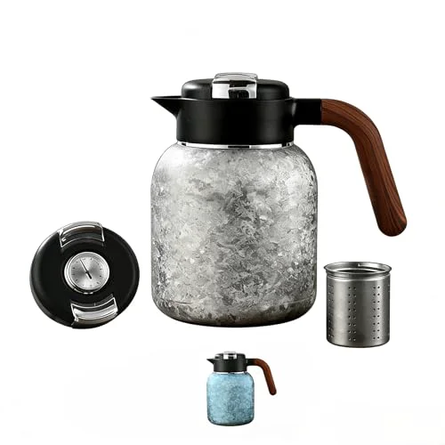 Effective 51oz 1500ml Titanium Teapot with Infuser Lid Accurate temperature measurement Gift Box Set Ice-Flake Pattern Large capacity coffee cup Wooden Handle water bottle silver Long-Lasting