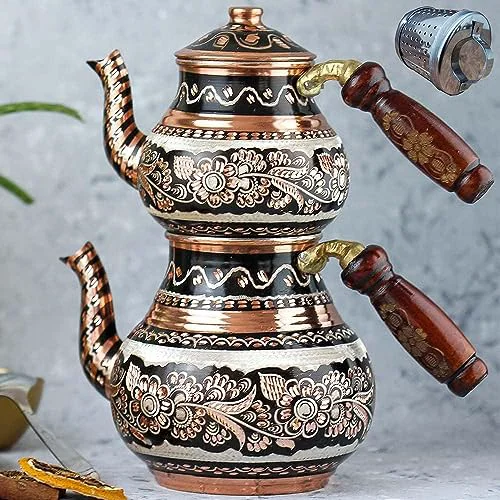 Organic Copper Turkish Teapot Tea Kettle Pots Set for Stove Top Stovetop Decorative Infuser Vintage Antique Arabic Farmhouse Tray Cups Serving Party Moroccan Decor Style Persian Kitchen Fancy Minimalist