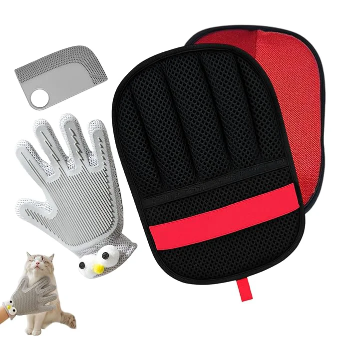Traditional 3-in-1 Pet Hair Remover Bundle – Electrostatic Grooming Glove Multi-Surface Fur Scraper Large Cleaning Pad for Dogs Cats – Removes Hair from Carpet Sofa Furniture Car Seats Fast
