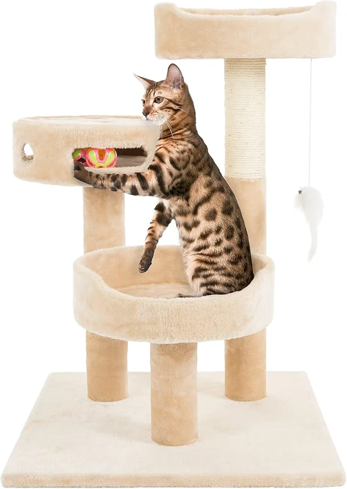 Green Cat Tree – 3-Tier Tall Cat Tower Condo with 2 Napping Perches Sisal Rope Scratching Post Hanging Mouse and Interactive Wheel Toy by PETMAKER Beige 27.5 About ThisOverview Sophisticated