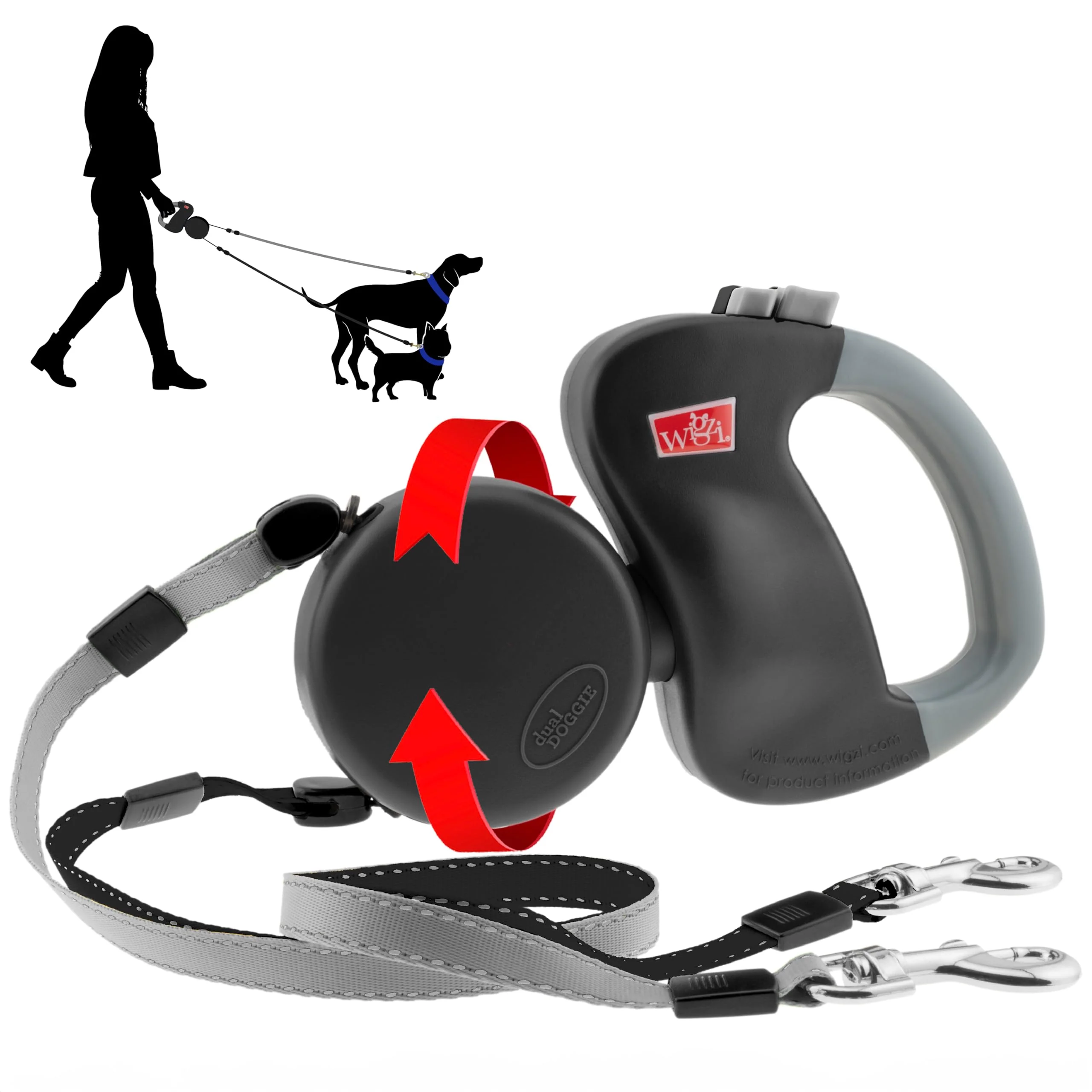 Natural WIGZI Dual Doggie Leash 2025 Enhanced Edition – Auto-Untangles 2x 10ft Leads 50lb per Dog Reflective Waterproof Black Traditional