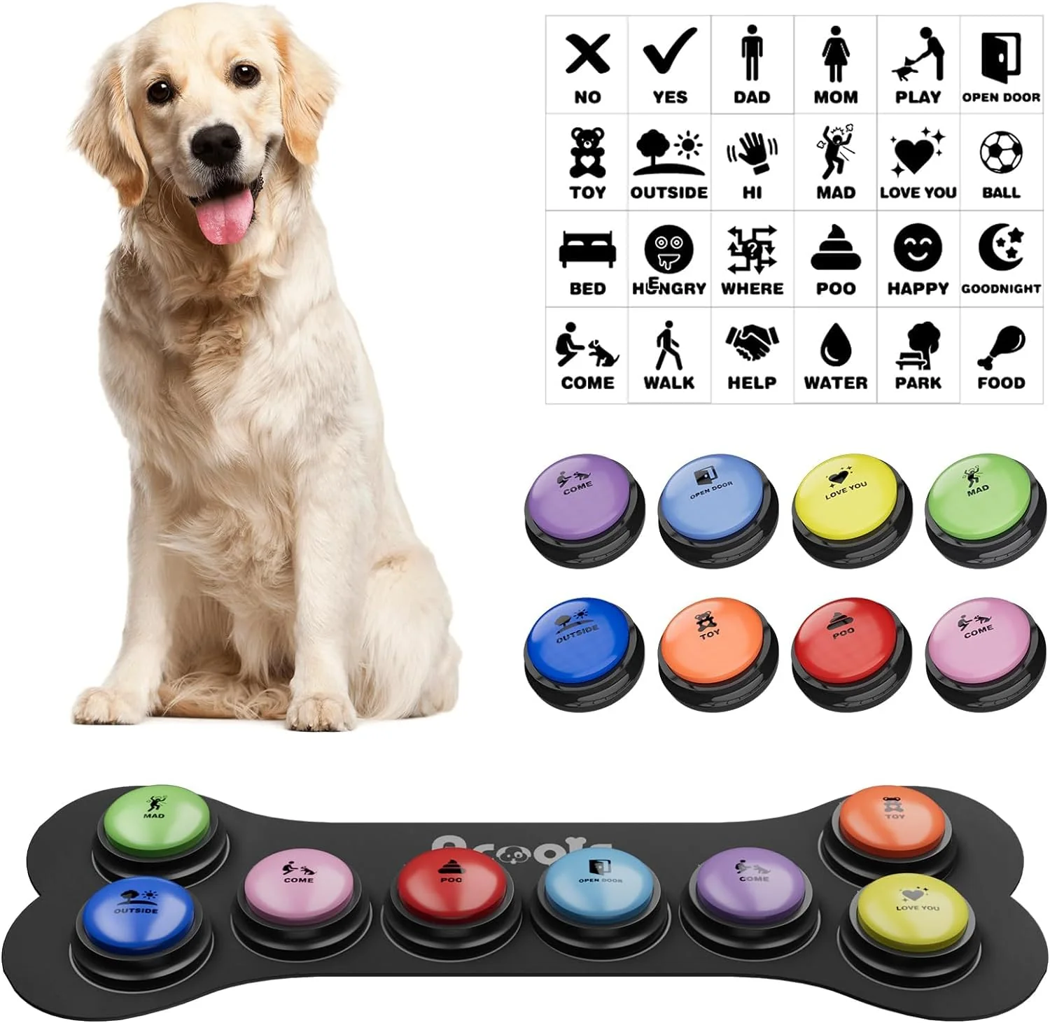 Clean Acools Dog Talking Buttons – 8-Pack with Recordable Phrases Waterproof Mat 48 Scene Stickers User-Friendly