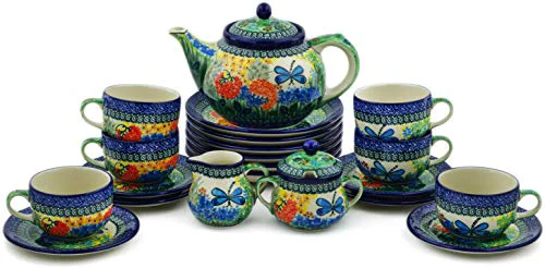 Official Polmedia Polish Pottery Tea or Coffee Set for Six UNIKAT Soft