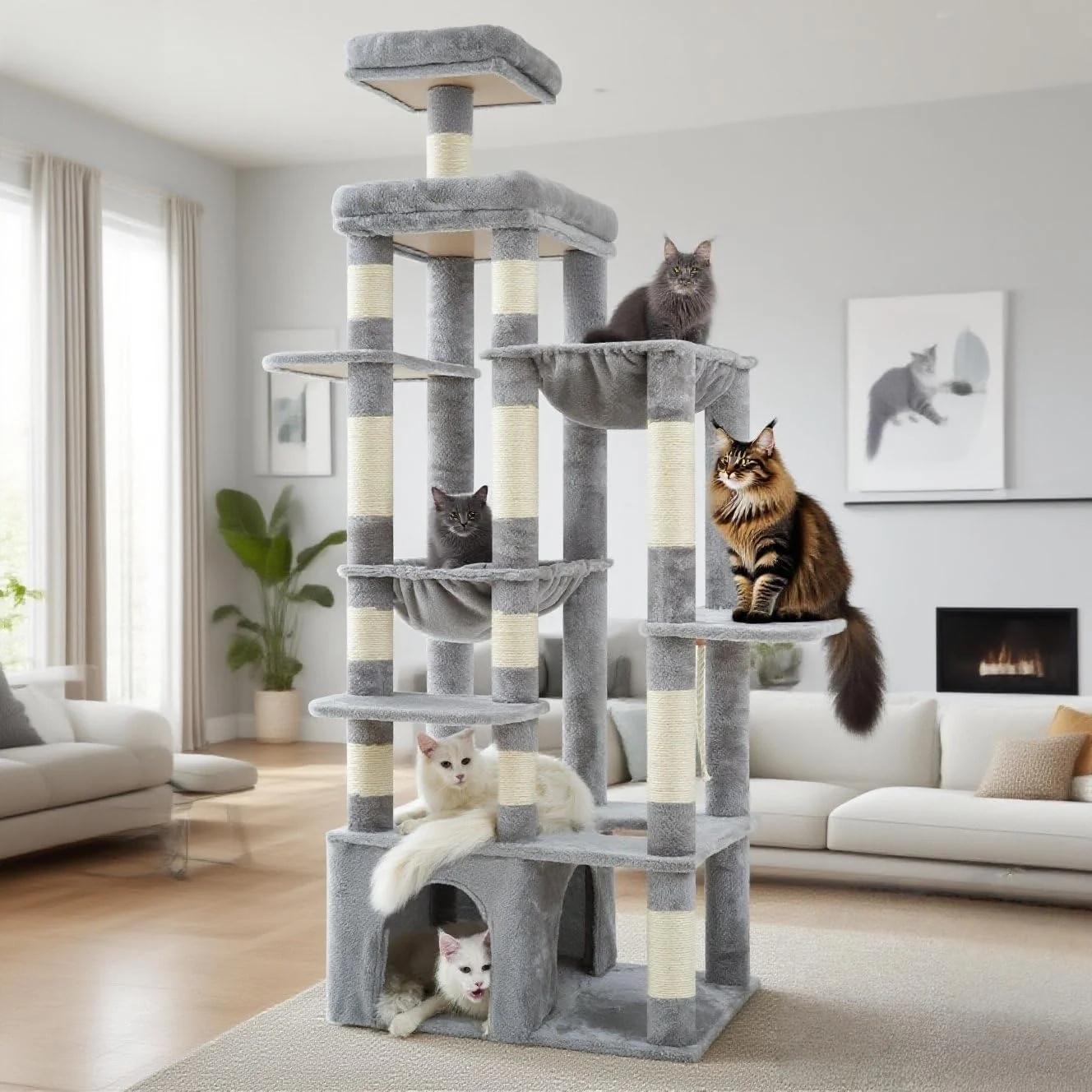Pure Heybly Heavy Duty Cat Tree 71-Inch Tall Tower for Large Maine Coon with Extra-Large Baseboard Cat Condo Furniture with Multi-Level Platforms 2 Hammocks and 12 Scratching Posts Light Gray HCT037W Top-Quality