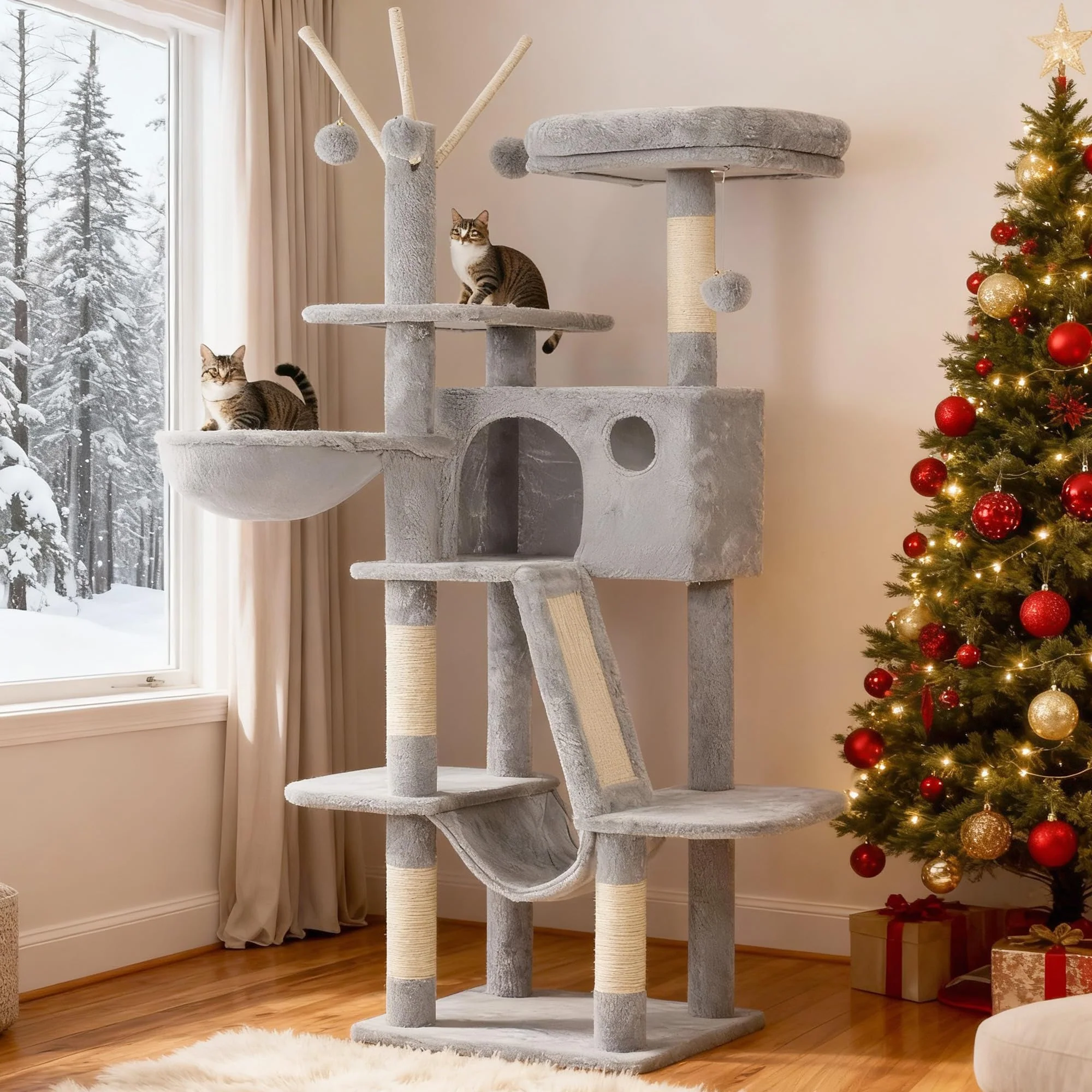 Organic Hey-brother Cat Tree 53 Inch Tower with Condo Scratching Posts and Hammocks Convenient