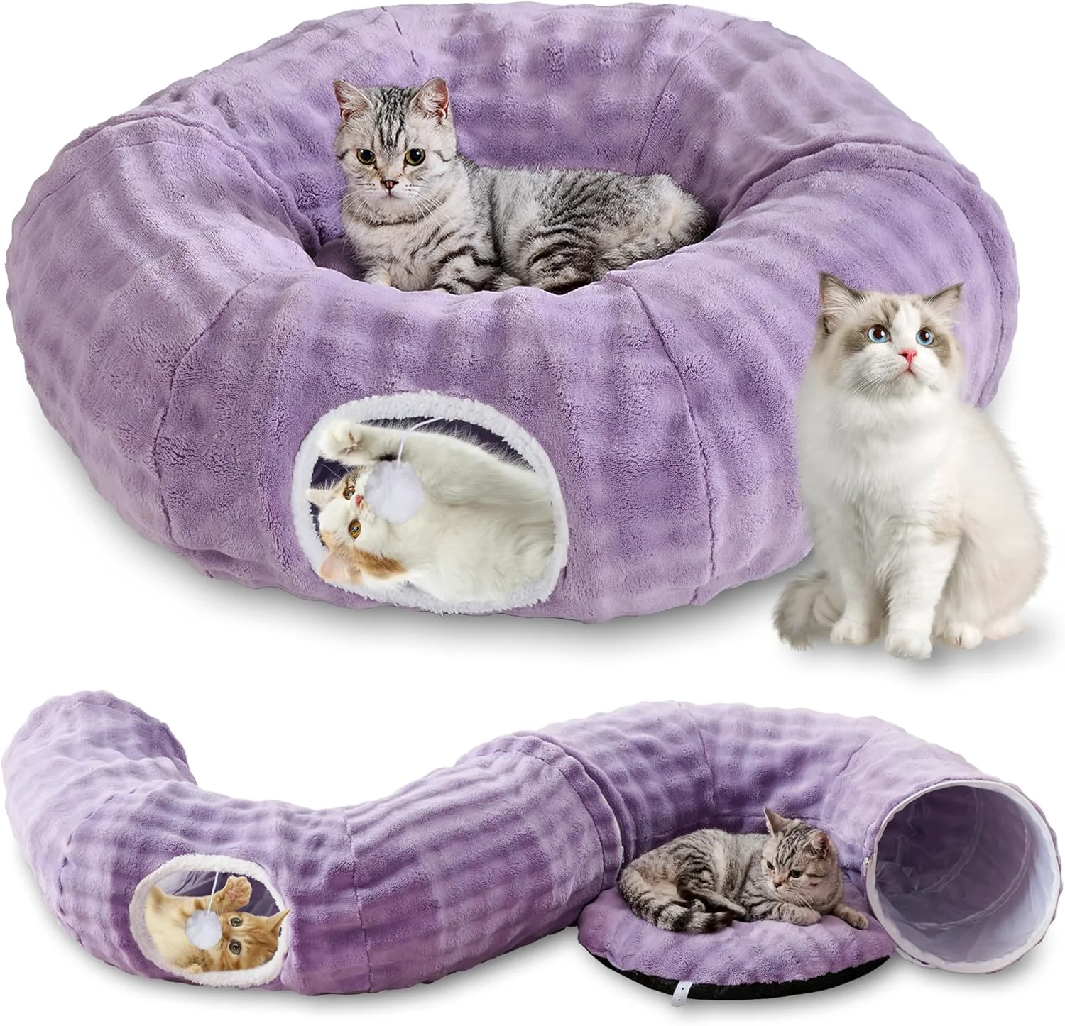 Reliable Bubble Cat Tunnel for Indoor Cats Round Peekaboo Cave Toy with Dangling Balls Donut Tunnel Bed with Circle Mat for Puppy Kitten Rabbit Dusty Purple Luxury
