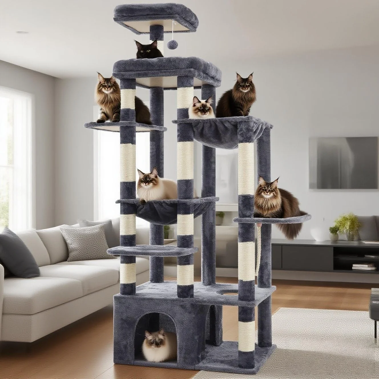 Solid Heybly Heavy Duty Cat Tree 71-Inch Tall Tower for Large Maine Coon with Extra-Large Baseboard Cat Condo Furniture with Multi-Level Platforms 2 Hammocks and 12 Scratching Posts Smoky Gray HCT037G Responsible