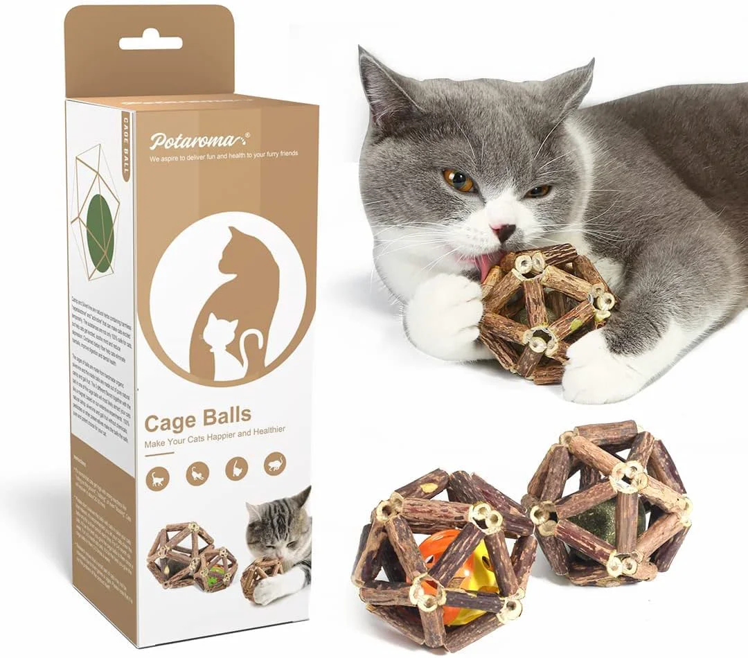 Luxury Potaroma Catnip Toys 3Pcs Cat Toys Natural Silvervine Stick Cage Balls Bell Ball for Indoor Cats Kitten Cleaning Teeth Molar Matatabi Cat Chew Toy All Breeds Smooth