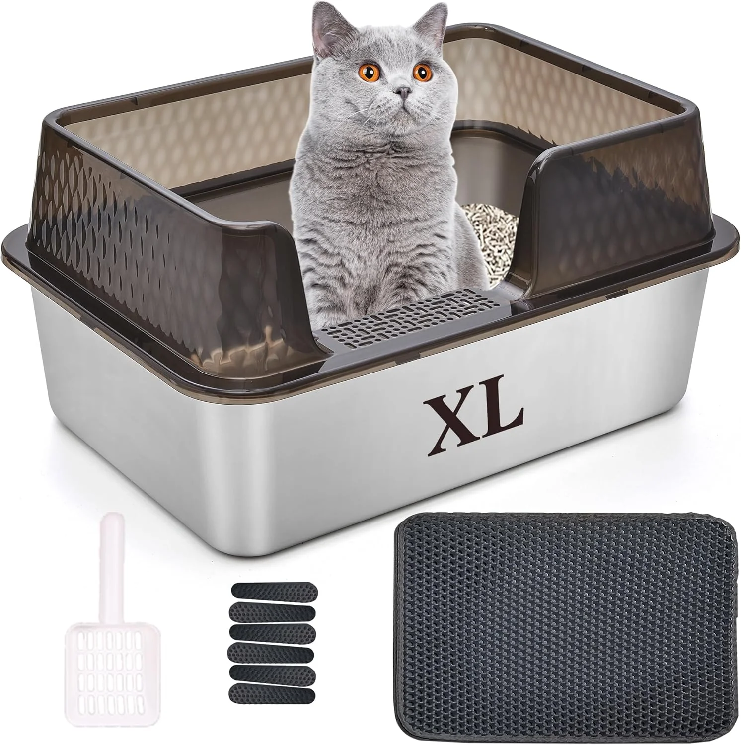 Lightweight Suhaco Stainless Steel Litter Box Side Entry Kitty Litter Mat and White Scoop Included Covered Metal High Sided Extra Large Cat Litter Box with Lid Removable Enclosure for Medium Cats Tall Black Certified