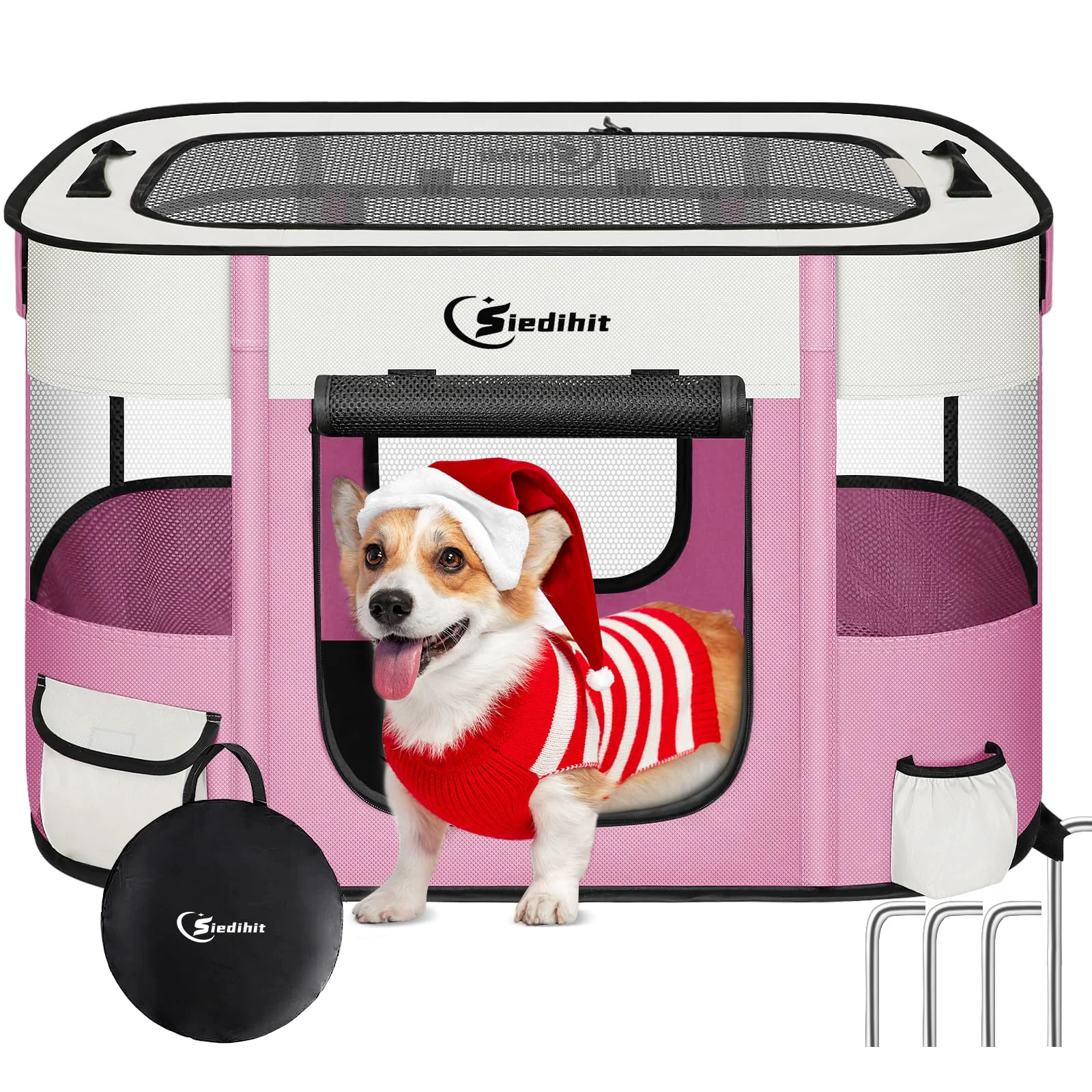 Solid Siedihit Dog Cat Playpen — Large Portable Foldable Puppy Kennel Tent Pink for Indoor Outdoor Travel Easy-to-Use
