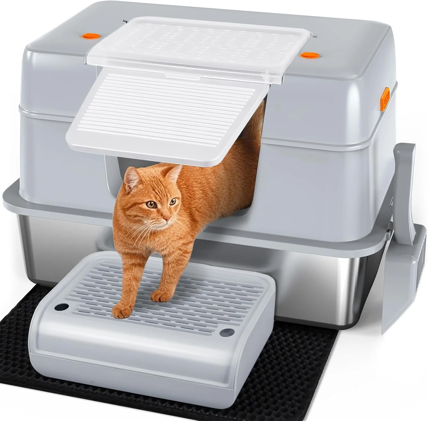 Dependable Vivifying Stainless Steel Litter Box with Lid XL Side Entry Extra Large Litter Box for Big Cats Kitty Removable Enclosed Metal Cat Pan with High Sided Enclosure Scoop Mat Footboard Gray Classic
