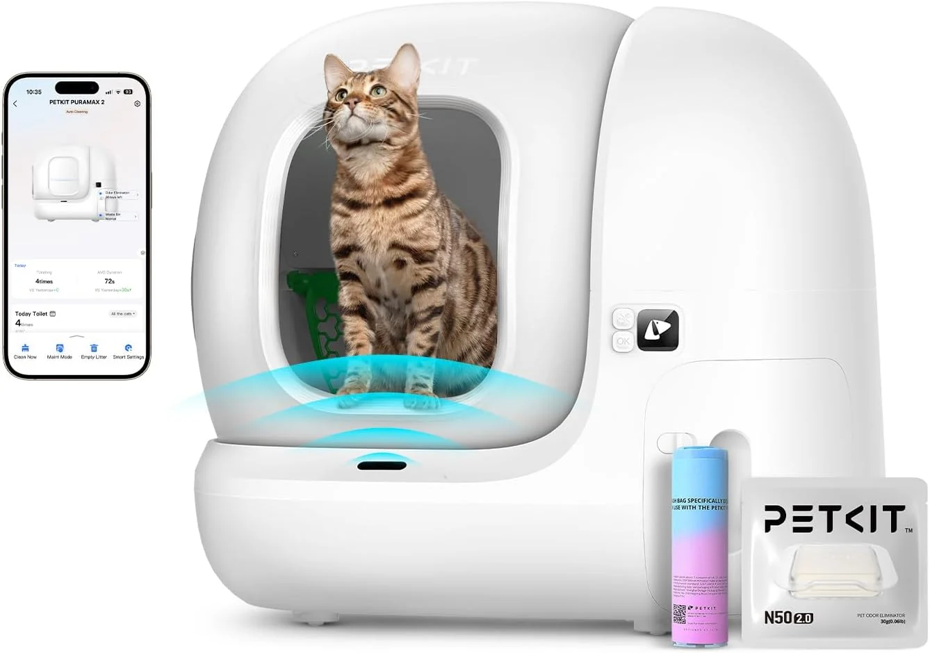 Easy-to-Use PETKIT PuraMax 2 Automatic Self-Cleaning Cat Litter Box App Control Scoop- Litter Box with Safety Sensors Odor Anti-Leakage Basic Bundle Includes Trash Bags 2.4G WiFi Low Entrance Green