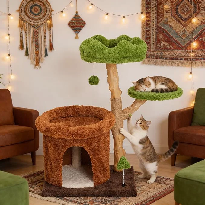 Premium 32 Multi-Level Cat Tree Tower Natural Wood Cat Furniture with Sisal Scratching Posts Beds Condo Cute Cat Tree for Indoor Cats and Multi-Cat HouseholdsAbout ThisOverview Unique