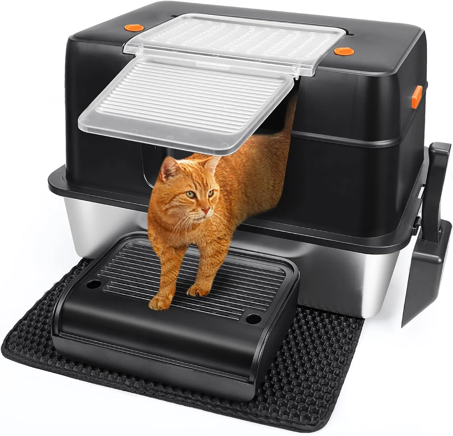 Expertly Made Vivifying Stainless Steel Litter Box XL Side Entry Extra Large Litter Box with Lid for Big Cats Kitty Removable Enclosed Metal Cat Pan with High Sided Enclosure Scoop Mat Footboard Black High-Quality
