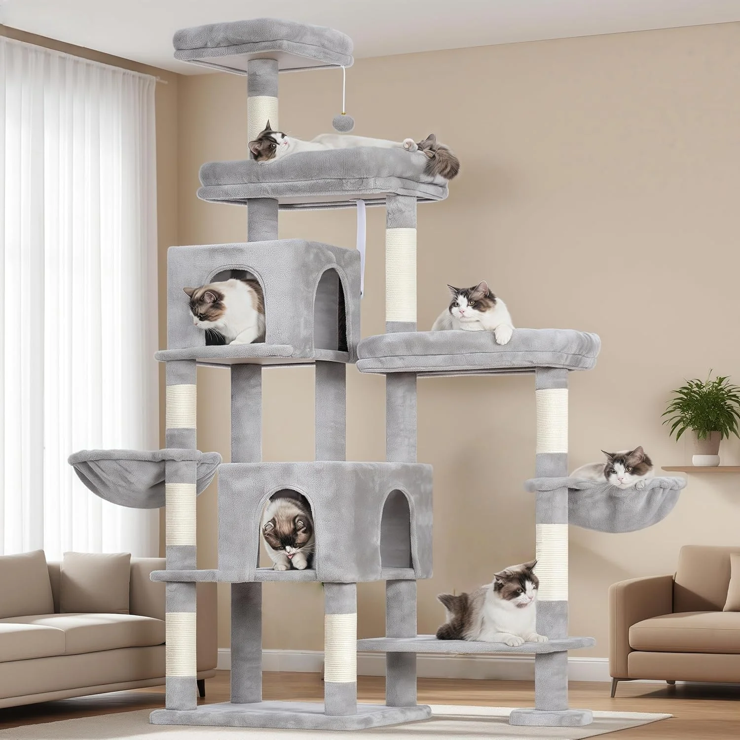 Detailed Hey-brother Cat Tree Tower Scratching Posts with a Extended Part Wide Platforms Cozy Condos Hammocks Sisal Columns and Ball for Indoor Cats 70.1 Inches Light Gray MPJ038W Crafted