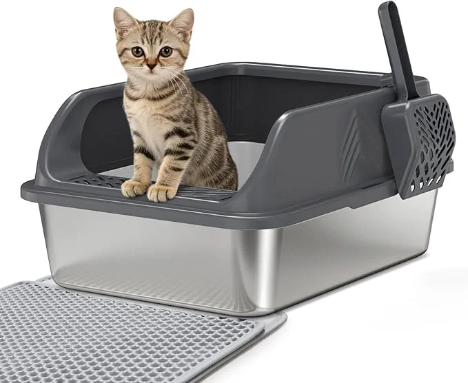 Contemporary Small Stainless Steel Litter Box with Lid for Kitten Metal Cat Litter Boxes High Sided Enclosed for Injured Cats and Rabbit Anti-Urine Leakage Non-Stick Bottom Includes ScoopAbout ThisOverview Crafted