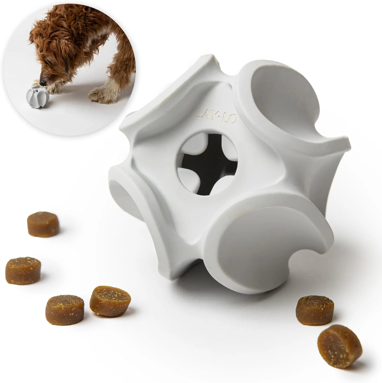 Enhanced LAY LO Treat Dispensing Dog Toy – Natural Rubber Topple Toy for Chewing Enrichment Mental Stimulation Dog Treat Dispenser Puzzle Dishwasher Safe Includes Live Trainer Support World-Class