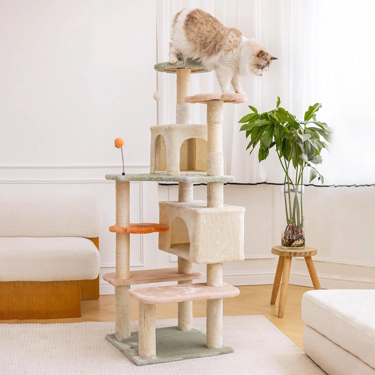 World-Class HYABi 59 Inch Flower Cat Tree Tower – Multi-Level Cat Condo with Plush Scratching Posts Toy Balls and Pet House Indoor Play Platform for Large Adult Cats Stylish Color Design Fashionable