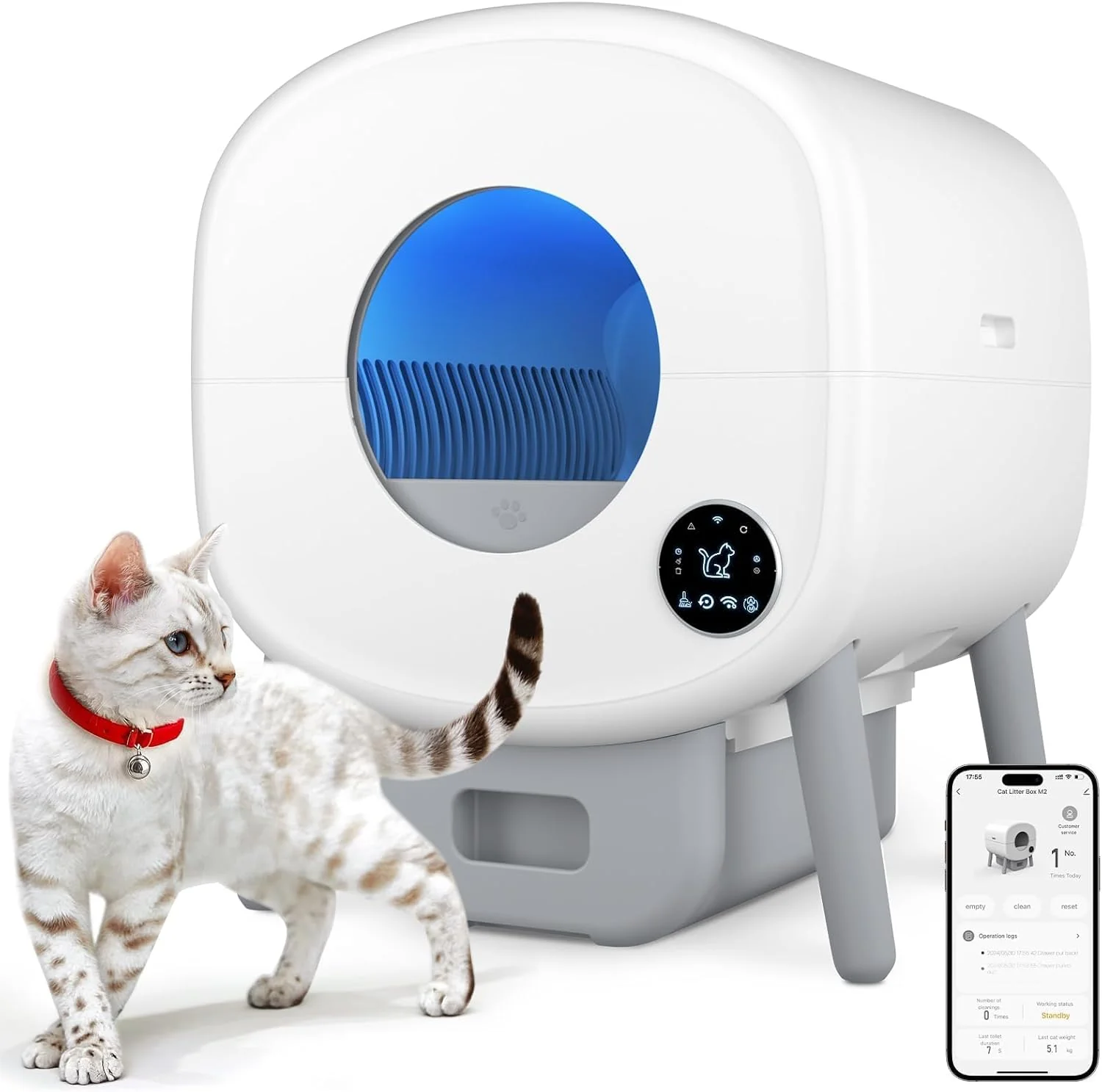 Exclusive Cumrige Self Cleaning Litter Box Large Capacity Automatic Cat Litter Box Self Cleaning for Cats App Control Safety Protection 2 Roll Garbage Bags White Grey Natural