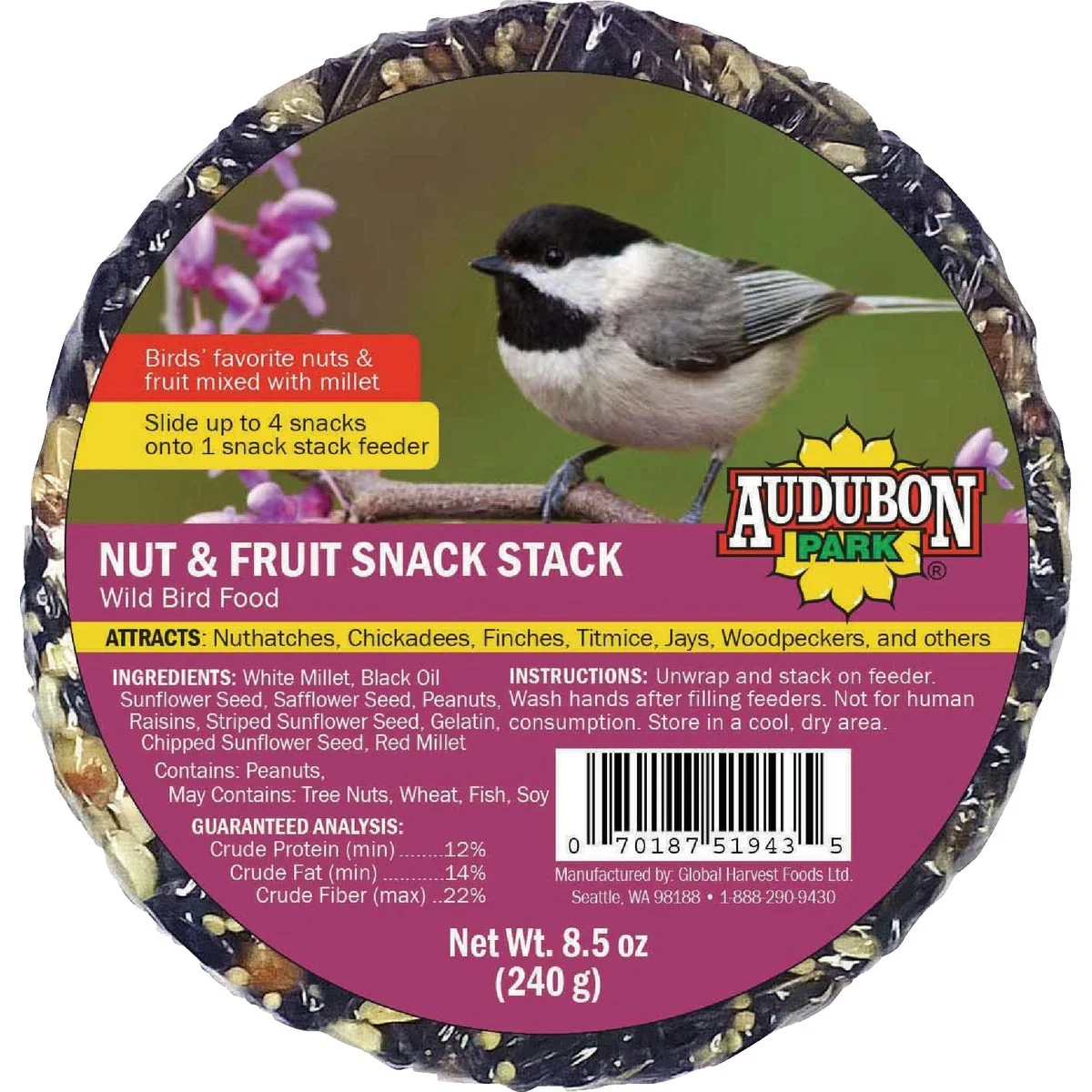 Lightweight Audubon Park Snack Stack 8.5 Oz. Nut Fruit Bird Seed Cake Organic