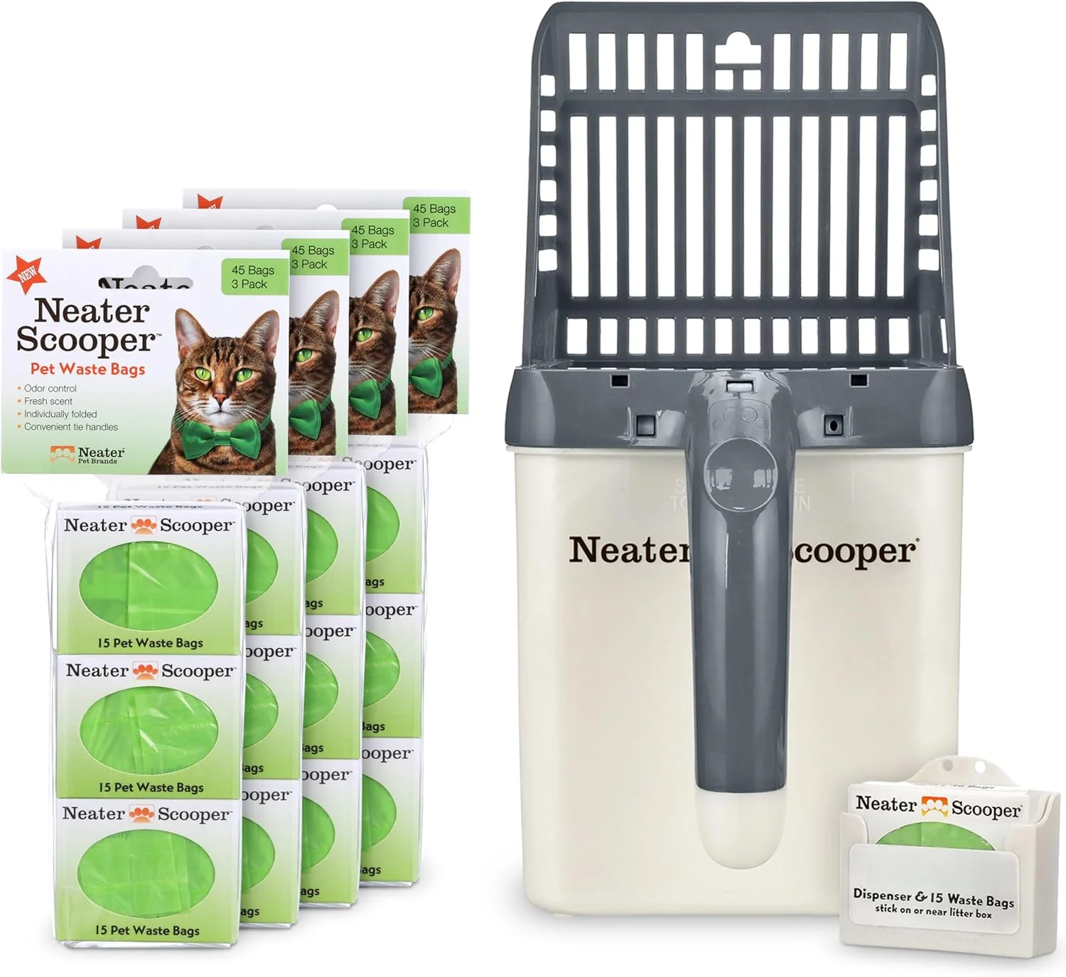 Original Neater Pet Brands Neater Scooper Standard Cat Litter Scoop 195 Refill Bags – Mess- Cat Litter Scooper with Bag Spill-Proof Kitty Box Sifter Bin Doubles as Scoop Holder For Single-Cat Household Fine